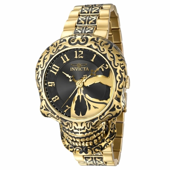 Invicta Gold and Black Skull Motif Men’s Bracelet Watch